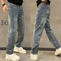 [34 ]メンズ ファッション 服 男性用 オシャレ シンプル 大人 かっこいい 大きいサイズ ストリート 紳士服 夏 プリント ウォッシュ ブルー ワイド レッグ ストレート ジーンズ ライト 高級 ロング パンツ
