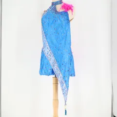 【社交ダンス衣装】ブルー ラテン ドレス ワンピース 青 水色 ピンク 羽 ファー 豪華 目立つ かわいい 発表会 デモ パーティ