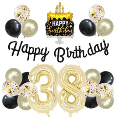 新品 38歳 誕生日 バルーン 風船 セット 大きい 40inch ライト ゴールド 数字 バルーン 38 付け 約100cm シンプル 黒金 ケーキ 誕生日 飾り ハッピー バースデー HAPPY BIRTHDAY ガーランド 12inch ゴールド ブラッ