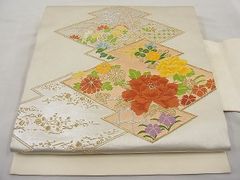 名古屋帯 金銀糸 刺繍 竹 雲 華文様 お太鼓 開き仕立て 正絹 H661 名古屋帯 金銀糸 刺繍 竹 雲 華文様 お太鼓 開き仕立て 正絹 H661