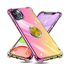 iPhone 13 Pro ケース リング付き クリア TPU グラデーション色 アイフォン 13 Pro 携帯カバー 耐衝撃 (ピンク/ゴールド)
