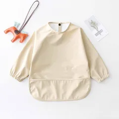 ☆ 下段ポケット×ベージュ ☆ L ☆ ベビー お食事エプロン 撥水 長袖 babybib483 食事 エプロン 長袖 ベビー お食事エプロン スタイ お食事スタイ 食事用エプロン キッズエプロン 食事エプロン 男の子 女の子 無地 撥水 はっ水 赤ちゃん