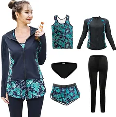 【次回入荷予定なし】前開き UVカット タンキニ カバーアップ セット 吸汗速乾 フィットネス 体型カバー 5点セットラッシュガード レディース 水着 [Eolluka]