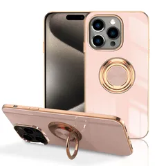 iPhone 15 Pro Max (6.7インチ) 用 ケース リング付き カバー TPU素材 スタンド機 アイフォン15 Pro Max スマホケース 軽量 耐衝撃 薄い 擦り傷防止 落下防止 車載 (ピンク) 0191-18