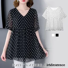 ブラウス レディース 春 夏 春夏 黒 白 ドット柄 ブラウスシャツ シフォン シャツ トップス 半袖 チュニック 水玉 きれいめ シースルー ブ