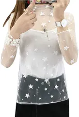 トップス シースルー　ブラウス　長袖　インナー　レース　下着カバー 長袖 総レース ハイネック レディース 透け透け フリーサイズ 星柄 ホワイト