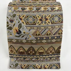 袋帯 秀品 草花 段縞 金糸 灰茶 六通 正絹 【中古】