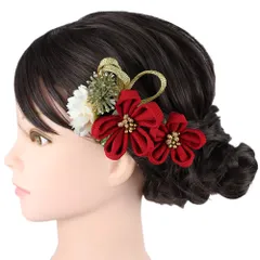 髪飾り 成人式 つまみ細工 赤 ゴールド 振袖 前撮り 袴 花 白 ちりめん 組紐 ビーズ 小さい 2点セット 着物 和装 かんざし Uピ No.9-5648