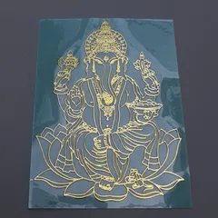 メタルステッカー1枚　ガネーシャ　水色台紙　神様　金属シール　ヒンドゥー教　ヒンドゥー神　財神　インド　タイ　中国
