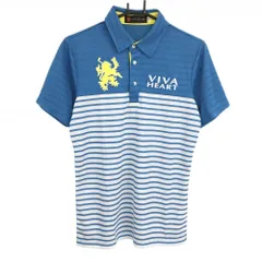 【美品】ビバハート 半袖ポロシャツ ライトブルー×白 ボーダー 胸元ロゴ メンズ 48(M) ゴルフウェア VIVA HEART