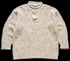 デッドストック★アイルランド製 aran crafts ロールネック ケーブル編み ネップ入り ウールニット セーター ナチュラル★フィッシャーマン