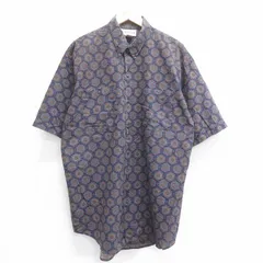 XL/古着 半袖 シャツ メンズ 90s 総柄 ロング丈 コットン ボタンダウン 紺他 ネイビー 25jun14 中古 トップス