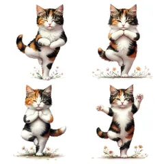 4種セット ステッカー ヨガ 三毛猫 かわいい 17cm おもしろ 運動 二足歩行 ねこ シール ビニール素材 窓用 車用 防水 ネコ 耐水 デカール t5351