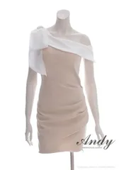ホワイト×ベージュ [AN-ON2928]【Andy/アンディ】ストレッチ/ バイカラー/ 切り替え/ 肩リボン/ ビジュー/ ワンショルダー/ ドレープ/ タイト/ ミニドレス/ ワンピース/ キャバドレス