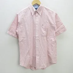 H■トミーヒルフィガー/TOMMYHILFIGER ストライプ柄 半袖BDオックスフォードシャツ【L/G】ピンク/MENS■122【中古】