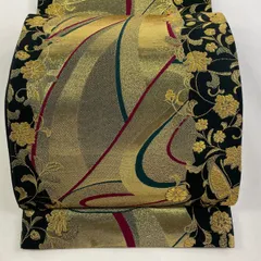 【美品】 袋帯 秀品 花唐草 幾何学 唐織 箔 金色 六通 正絹 【中古】