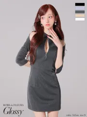 グレー [GL4109-GY-2505]【ROBE de FLEURS Glossy / ローブドフルールグロッシー】 襟デザイン/ 袖/ 長袖/ オフショル/ バストジップ/ ミニドレス/ キャバドレス