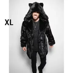 メンズファーコート ロングコート 毛皮コート フード付き 厚手上着 ジャケット 暖かい 冬物 フェイクファー カジュアル 欧米風 カジュアル 大きいサイズ お兄系 ブラック XL