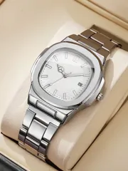 腕時計 メンズ クォーツ 1個 メンズファッション シンプル スクエアダイヤル カレンダー ステンレススチール クォーツ ビジネス腕時計、時計箱は付属していません