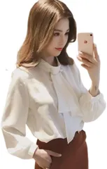 RED RAY レッドレイ カジュアル シフォン ボウタイ シャツ ブラウス 長袖 レディース オフィス スーツ セット 大きい サイズ 7分袖 ゆったり 白 快適 夏 50 60 代 低身長 おしゃれ カットソー フォーマル(ホワイト,  M)