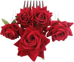 Lurrose ヘアピン Uピン コームヘアピン 花嫁 髪飾り バラ 花 薔薇 ウェディングヘッドドレス 花飾り ヘアコーム かんざし 前髪クリップ ヘアアクセサリー ブライダル 結婚式 和装 パーティー 4個セット 赤色