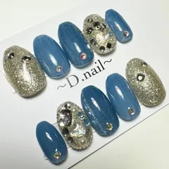 【完成品】くすみブルーが可愛い♡キラキラ♡ワンホンネイル