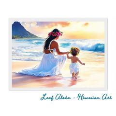 ハワイの海アート A4額付き｜母と子、波を越えて歩む時間 No.13 Leaf Aloha