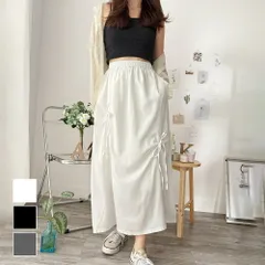 リボン付きロングスカート レディース 無地 フレアシルエット 軽やか素材 春夏秋 ウエストゴム カジュアル 韓国ファッション 裏地 シンプル ゆる楽
