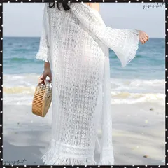 クロシェ編みロングカーディガン ゆったり裾フリンジ ビキニカバー 透かし編み カーディガン スリット入り 体型カバーガウン レディース 薄手 レースサマーカーデ透け感 リゾート服 シアーカーディガン 日焼け防止 ガウン