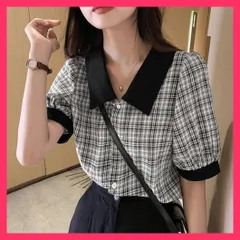 【スタッフおすすめ！】 グレンチェック 柄 シャツ ブラウス 夏 オフィスカジュアル/体型カバートップス/上品清楚エレガント パフスリーブ 半袖 レディース トップ おすすめ おしゃれ　かわいい　人気 80ZHUIMENG-017