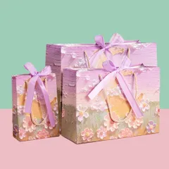 【人気商品】おしゃれ ギフト ギフトバッグ 袋 3D 袋 立体 視覚 プレゼント用 油絵 かわいい 紙袋 スタイル 誕生日 手提げ 包装袋 (3枚-L+M+S ラッピング 花月草原)