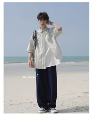 ストライプシャツ メンズ 半袖シャツ トップス 開襟シャツ メンズシャツ カジュアルシャツ 夏 オシャレ カジュアル 紳士 メンズファッション 通勤 通学 DLxC589 DLxC589