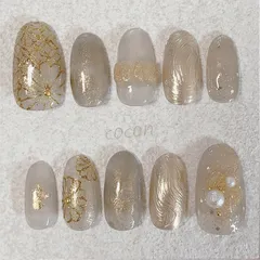 【完成品】グレージュ系和柄ネイルチップ