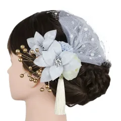 髪飾り 成人式 振袖 3点セット 水色 白 青 薄緑 ベージュ レース チュール リボン 房 ビーズ コーム Uピン 京あそび 西陣 和小 No.12-1044