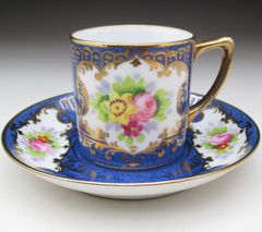 オールドノリタケ 金彩ブルー地花絵 カップ＆ソーサー (d)