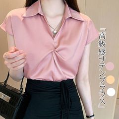 ブラウス レディース 半袖 サテンブラウス 高級感 上品 胸フリルデザイン 半袖ブラウス 大人 エレガント 華やか 夏 韓国ファッション 20代 30代 40代 50代xiaocc21