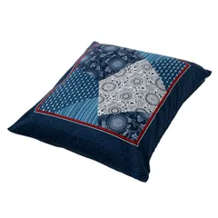 洗える 銘仙判(55X59cm) 和風パッチワーク柄 座布団カバー 日本製 ブルー 西川(Nishikawa) PG02083092