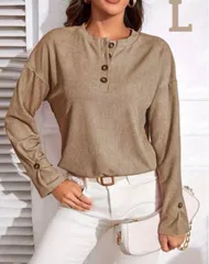 【新品】レディース リブ トップス 長袖 ボタンフロント カットソー L 春 秋