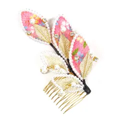 髪飾り コーム型 ラインストーン パール ピンク ゴールド 白 キラキラ ラメ リーフ 葉 ちりめん 和柄 小さい かんざし かわい No.9-3403