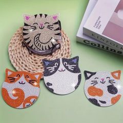 6個セットの猫ダイヤモンドペイントコースターセットDIYダイヤモンドペイントコースタースタンド付きかわいい動物猫ヘッドコースターダイヤモンド装飾付き