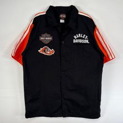 古着 ハーレーダビッドソン HARLEY DAVIDSON 半袖シャツ 刺繍 ワッペン ワーク 胸ポケ 企業 バイク 子どもサイズ 20  ブラック バックプリント メンズ