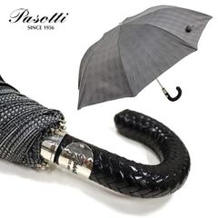 Pasotti 雨傘 折りたたみ傘 ミルフォード レザー チェック グレー 千鳥格子 高級傘 ジャンプ傘 頑丈 大きめサイズ イタリア製 ハンドメイド オシャレ シンプル メンズ レディース ギフト プレゼント PS02