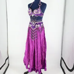 【ベリーダンス用 オリエンタル衣装】パープル QIAOSHI スパンコール ビーズ 紫 シルバー ラメ レース 花柄 鮮やか 華やか レディース トップス スカート ベルト 上下セット セットアップ 派手 映え かわいい 綺麗 きれいめ ゴージャス エレガント