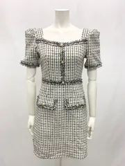 1202 キャバクラ　ドレス　ツイード　スクエアネック　パールボタン　ミニ　パフスリーブ　チェック　キャバドレス　XS