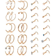 【在庫セール】リング 唇ピアス 軟骨ピアス 鼻ピアス オシャレ ステンレス 鼻ピ 20g ノストリル スクリュー ラインストーン ボディピアス 欧米 魅力 ファッション Aroncent アクセサリー ローズゴールド (38点セット)