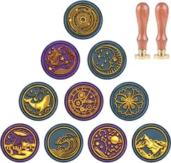 CRASPIRE シーリングワックス スタンプ セット 10点 シーリングスタンプ 真鍮ヘッド 宇宙山川テーマ 2点 木製ハンドル 25mm 取り外し可能 蝋封 封筒 招待状 結婚式 封印 メッセージ 初心者