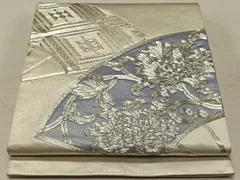 平和屋着物◎太鼓柄袋帯　駒刺繍　扇面草花文　銀糸　正絹　逸品　CAAT8991qv