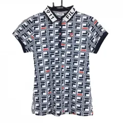 【超美品】フィラゴルフ 半袖ポロシャツ 白×ネイビー ロゴ総柄 スナップボタン レディース M ゴルフウェア FILA GOLF