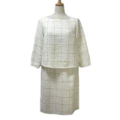 グリーンレーベルリラクシング ユナイテッドアローズ green label relaxing チェックツイード セットアップ トップス 7分袖 七分袖 スカート ひざ丈 台形 白 ホワイト 36 S ■SM1 X