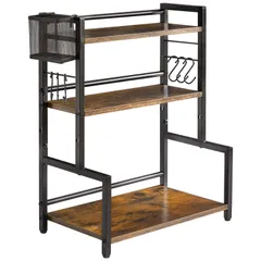 【特価】階段設計のキッチンテーブル棚 高さ調整可能 防水で清潔にしやすい 金属バスケットと6つのフック 書棚 卓上整理 キッチン 3段収納ラック大容量 浴室43 x 調味料ラック 24 x 53 YMYNY cm茶色 JPHSR006H